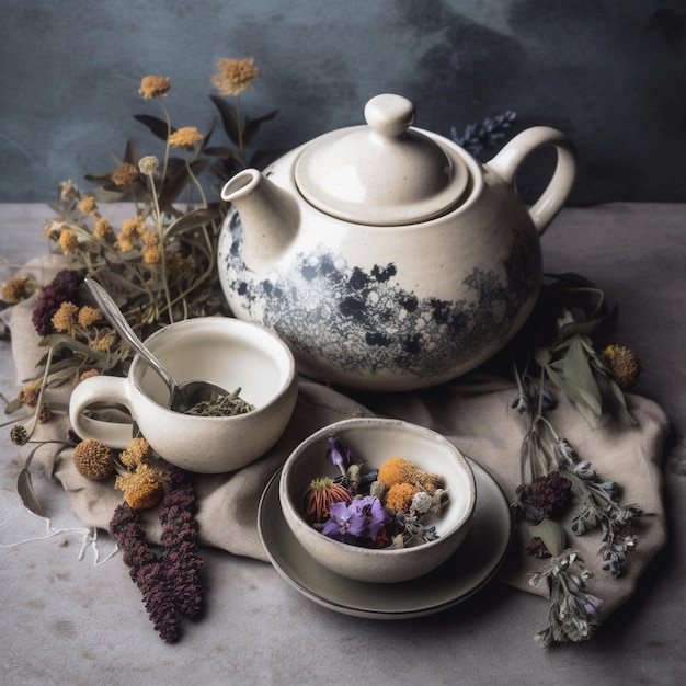 A teapot and a bowl of flowers are on a table.