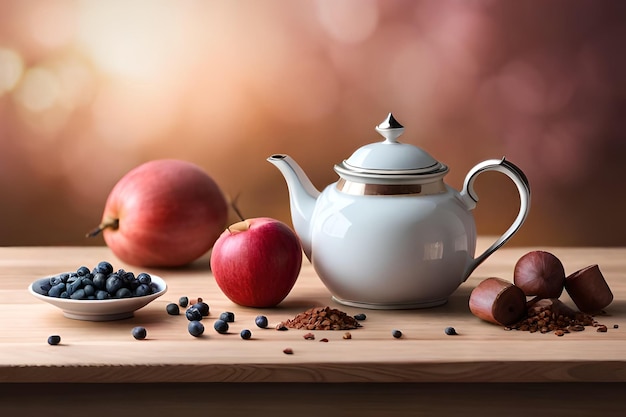 A teapot and a bowl of fruit on a table with a bowl of blueberries and other fruits.