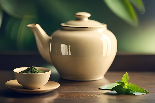 a teapot and a bowl of green tea on a wooden table.