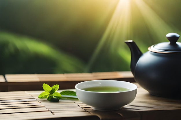 teapot and bowl on a window sill with a green background