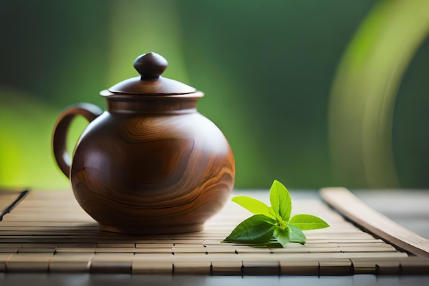 A teapot and chopsticks sit on a table with a green background.