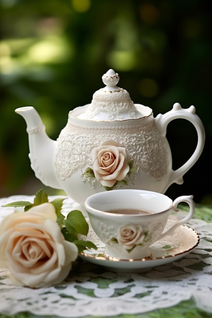 A teapot and a cup of coffee are on a table with roses.