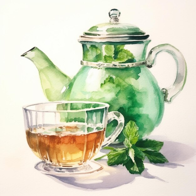 Teapot and cup of mint tea on a table