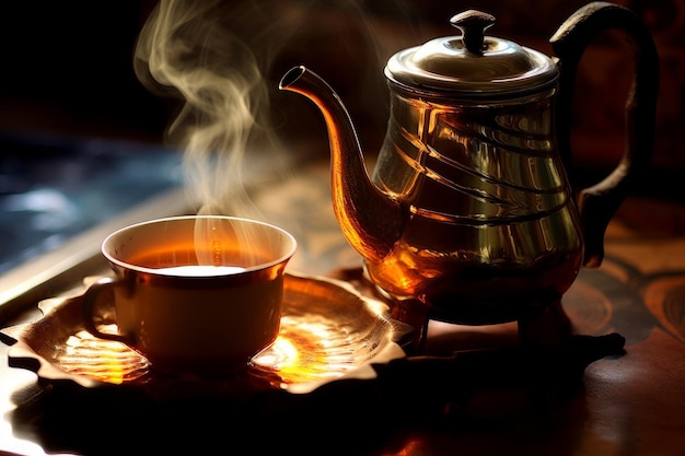 A teapot and a cup of tea sit on a plate.