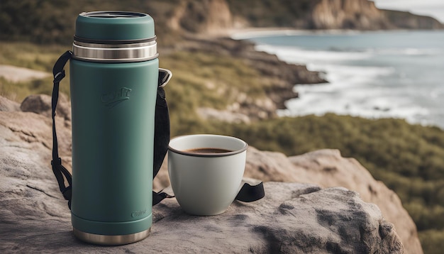 Photo a teapot and a cup of tea sit on a rock