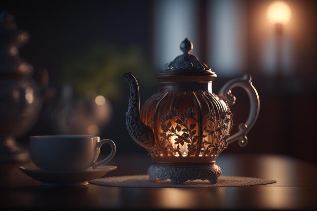 A teapot and a cup of tea sit on a table in a dark room.
