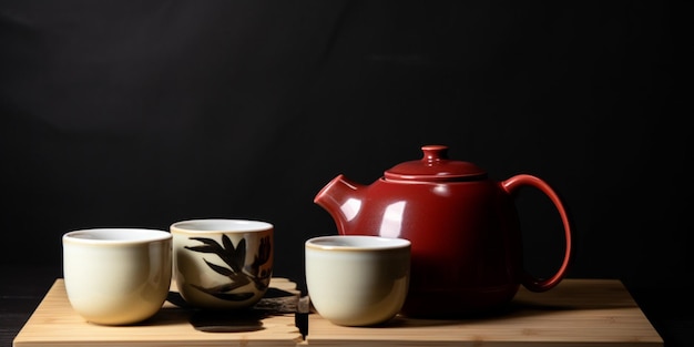 A teapot and a cup of tea sit on a table with a black background.