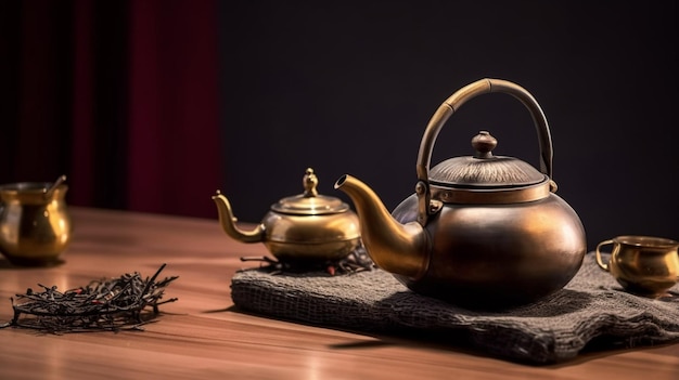 A teapot and a cup of tea sit on a table with a plant on it.