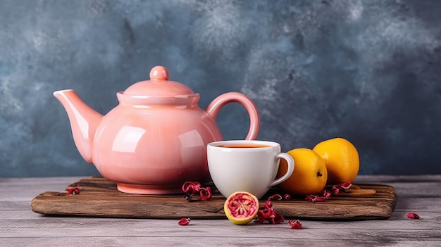 A teapot and a cup of tea sit on a wooden board with a dark background