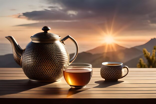 a teapot and a cup of tea on a table with the sun setting behind it.