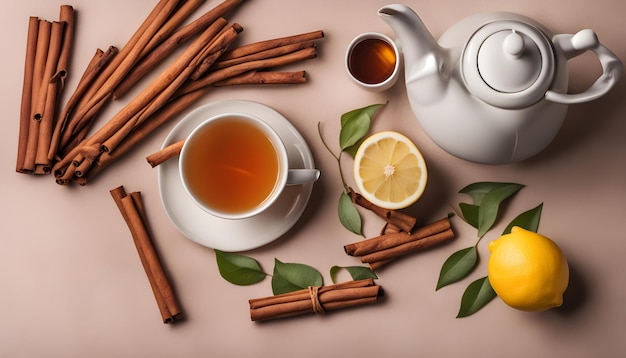 a teapot and a cup of tea with cinnamon sticks on it