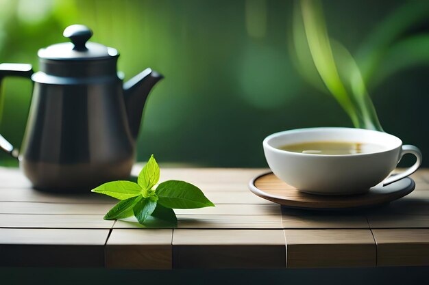a teapot and a cup of tea on a wooden table.