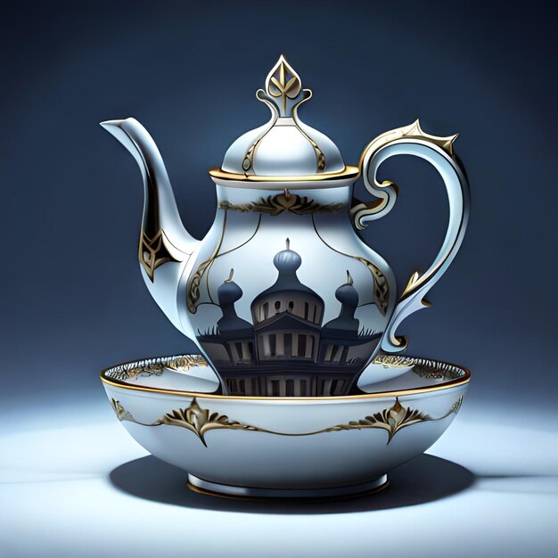 A teapot and cup with a design on the bottom.