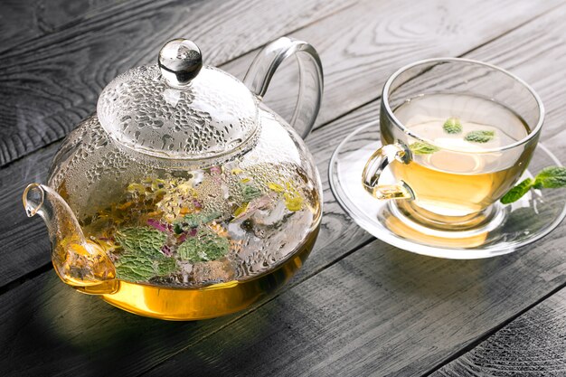 Teapot and cup with flower tea
