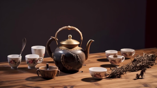 A teapot and cups are on a table with a dark background.