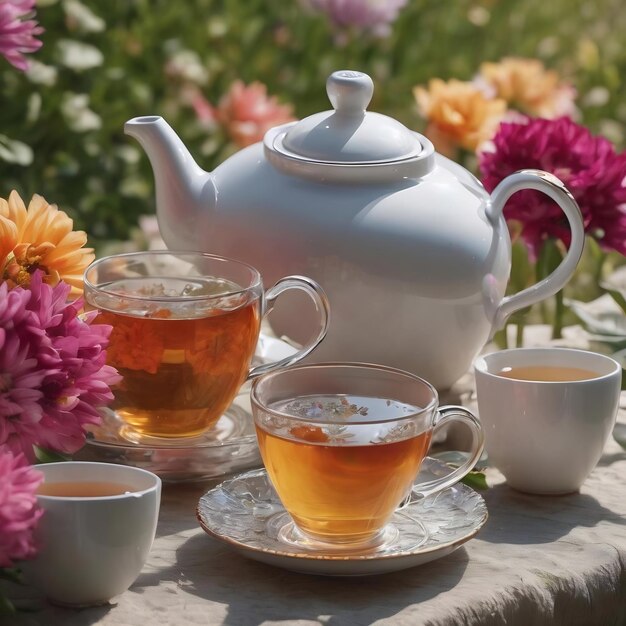 Teapot and cups near flowers