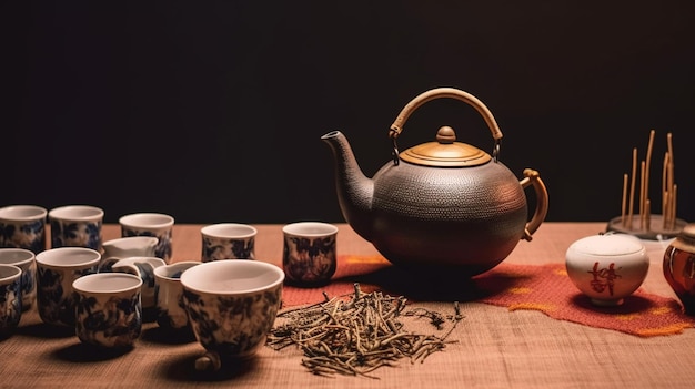 A teapot and cups of tea sit on a table with cups of tea.