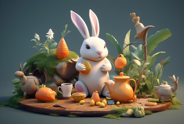 Teapot and egg Easter bunny background