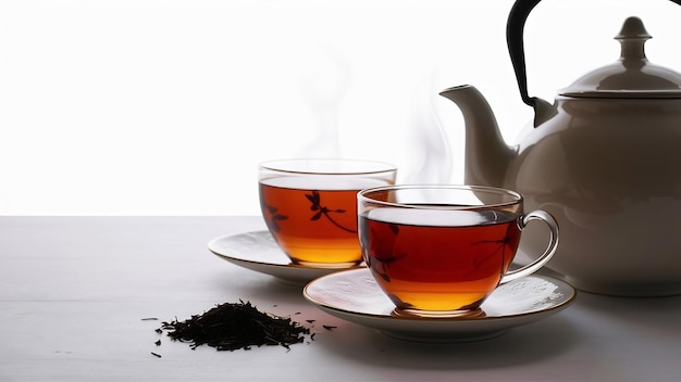 Teapot and glass two glass tea on white surface