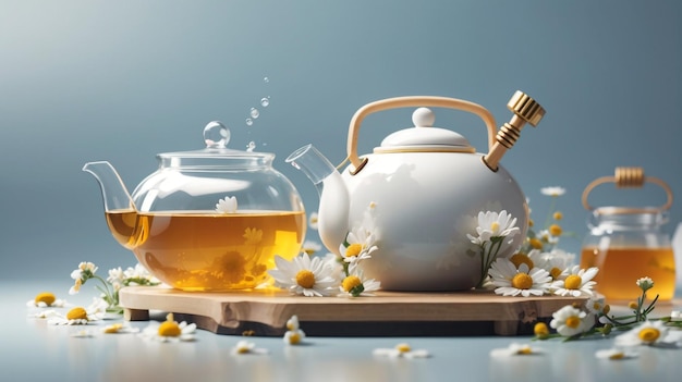 a teapot and a jug of tea on a table with flowers and a jar of tea