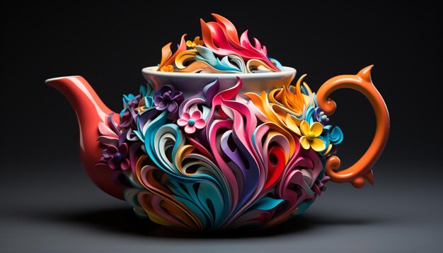 Teapot mug clay flame colors ornate bowl ceramics kettle craft generated by artificial intelligence