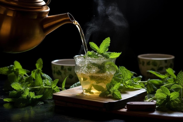 a teapot pouring lemon juice into a glass with mint leaves.