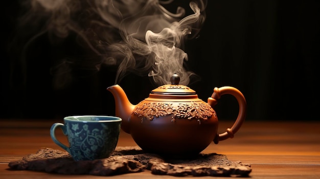 Чайник, наливающий дымящийся чай