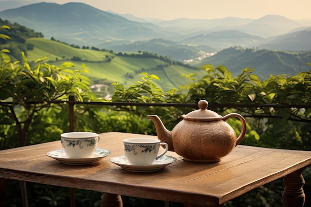 A teapot set is placed on a table in the morning overlooking a picturesque mountain view at a countr