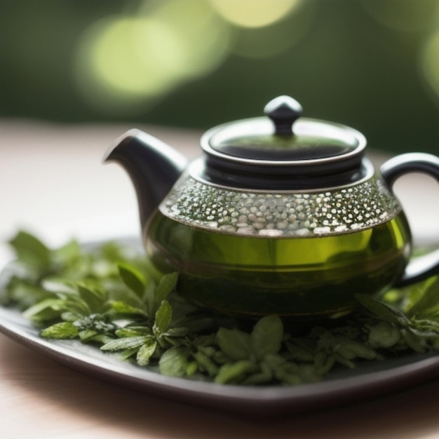 a teapot sits on a plate with a green teapot on it.