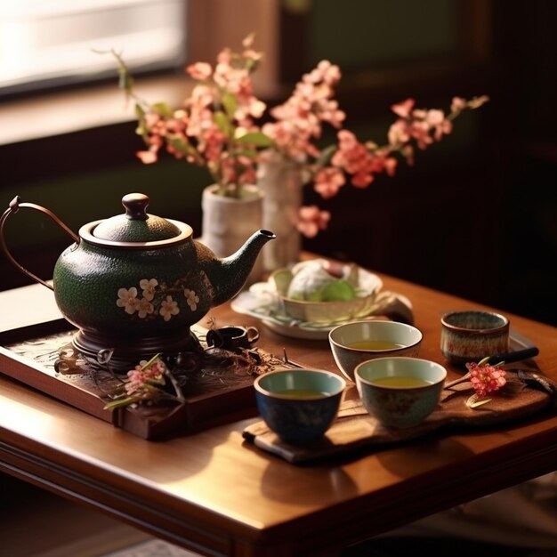 a teapot sits on a table with other teas and other dishes.