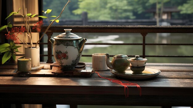 Photo a teapot sits on a table with a pot on it