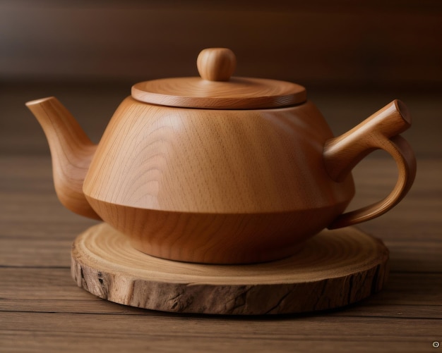A teapot sits on a wooden stump.