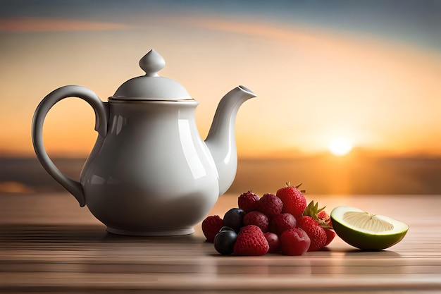 A teapot and a slice of lime with a sunset in the background