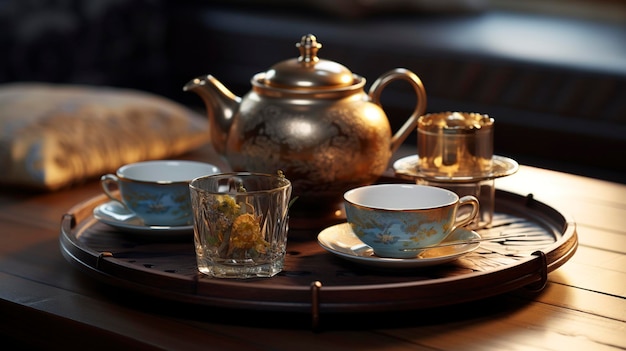 Teapot and Tea cups on a Cozy Tray