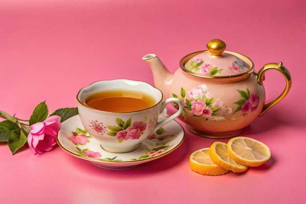 a teapot and teapot are on a pink table