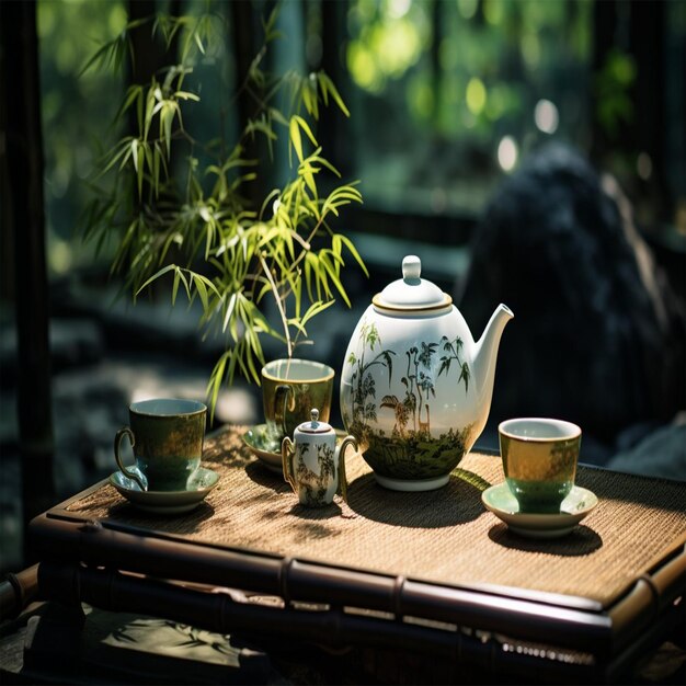 a teapot and teapot sit on a table in front of a window