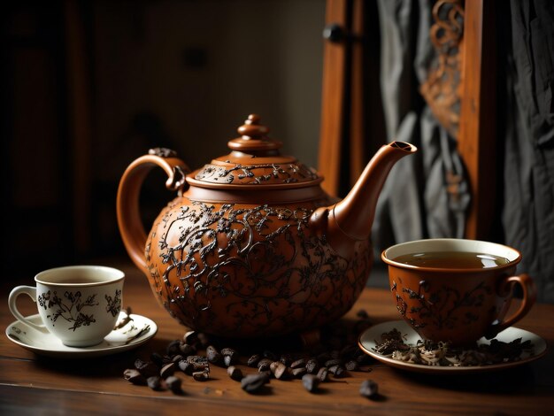 A teapot and two cups of coffee sit on a table next to a cup of coffee.