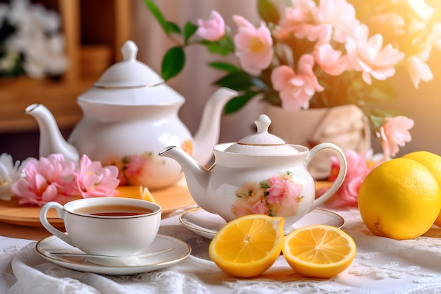 Photo a teapot and two lemons on a table with a bouquet of flowers