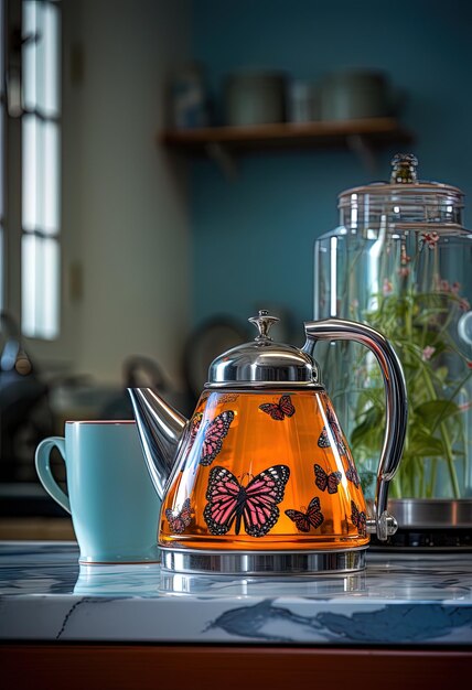 Photo a teapot with butterflies on it sits on a table