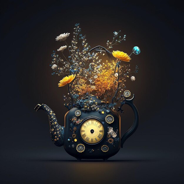 A teapot with a clock and a clock on it