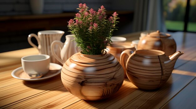 Teapot with cup kept on wooden UHD wallpaper Stock Photographic Image