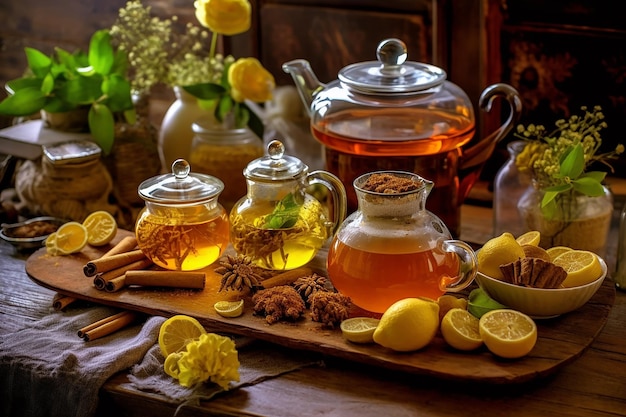 A teapot with a cup of tea and lemons on a table.