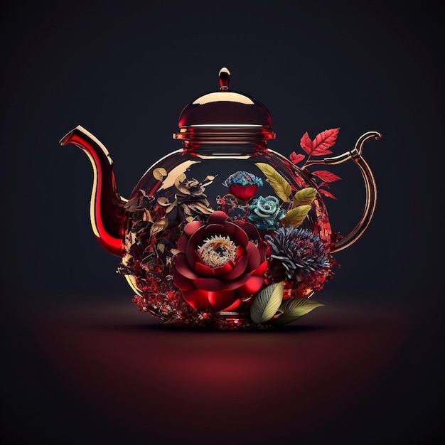 A teapot with flowers and a glass lid that says'teapot '