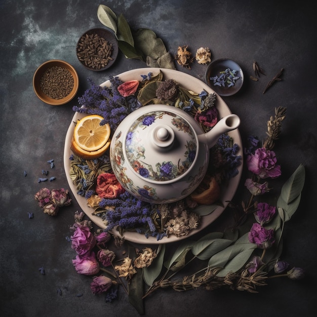 A teapot with flowers on it and a bowl of lemons on the side.