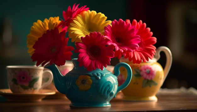 A teapot with flowers in it is on a table.