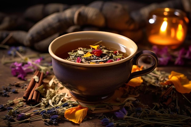 a teapot with flowers and leaves on a table