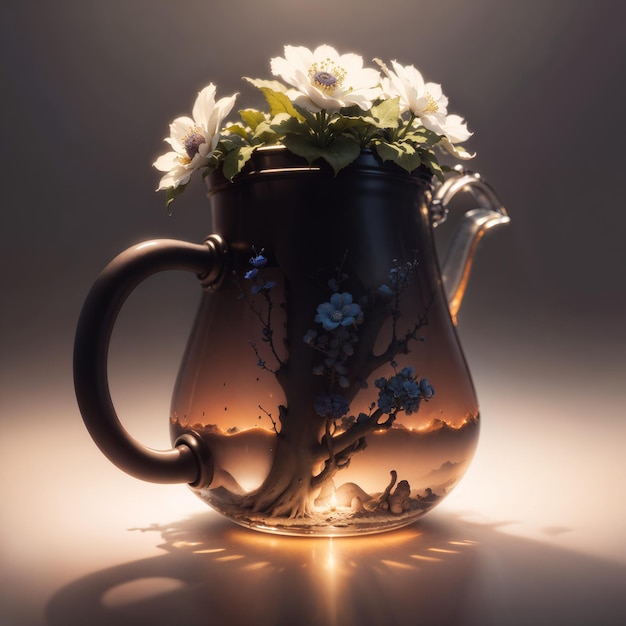 A teapot with flowers in the middle of it