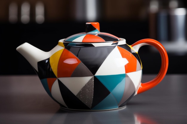A teapot with a geometric pattern on it is sitting on a black background