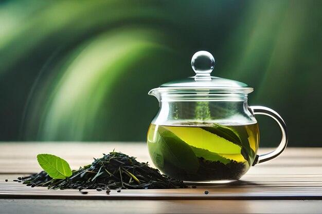 a teapot with a green leaf on the table