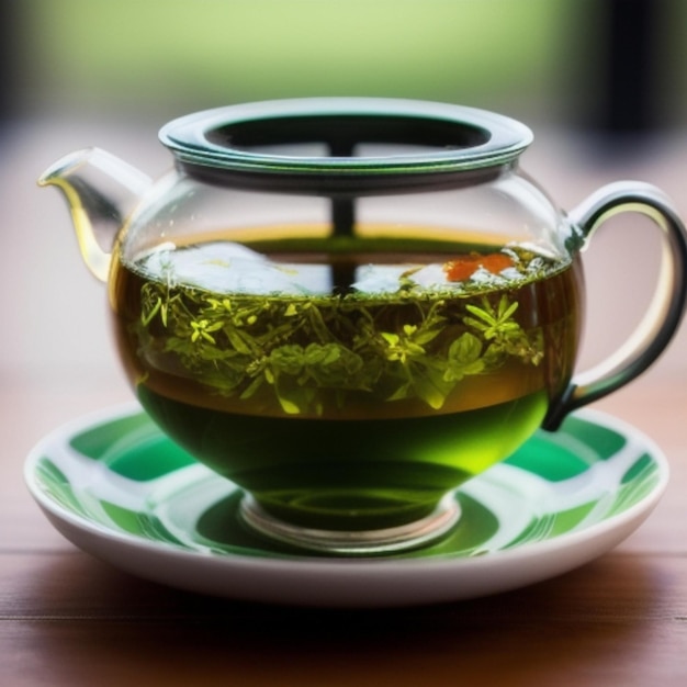 a teapot with a green tea in it sits on a saucer.